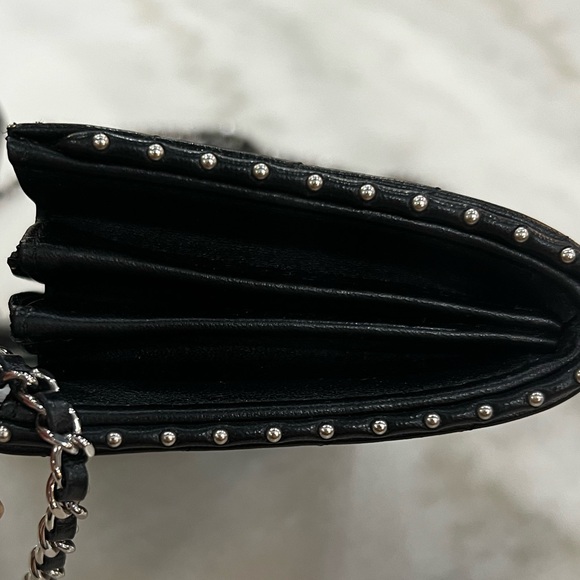 Lambskin Chevron Quilted Studded Clutch with Chain Black - Picture 4 of 6